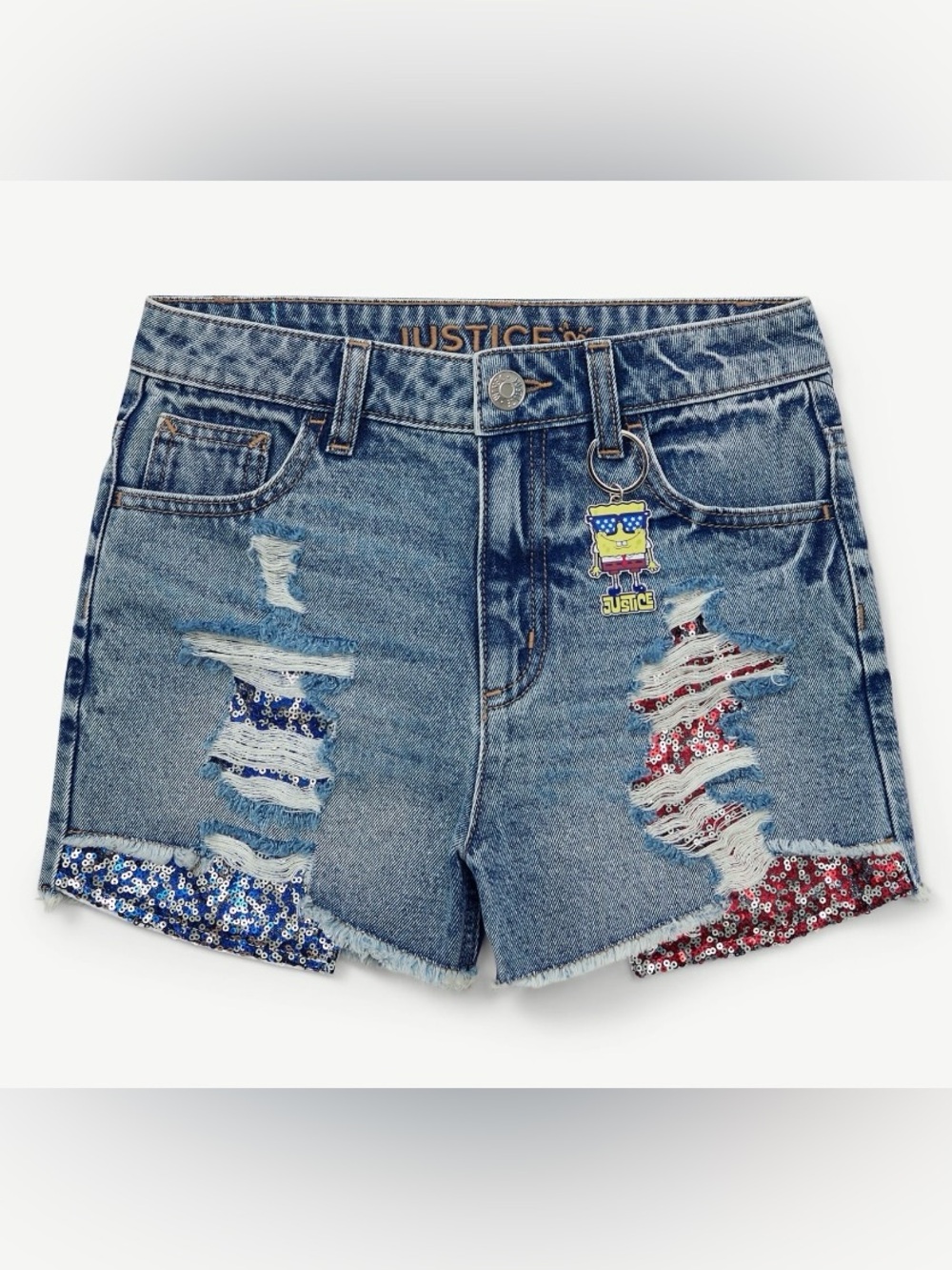 Justice SpongeBob Girls Size 12 Distressed Sequin Denim Shorts NWT